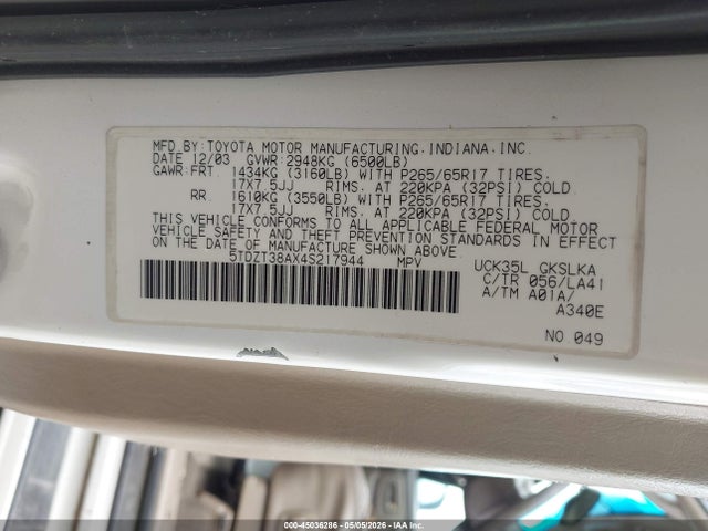 Aukcja sprzedaży 2004 Toyota Sequoia Limited V8, vin: 5TDZT38AX4S217944, numer aukcji: 45036286