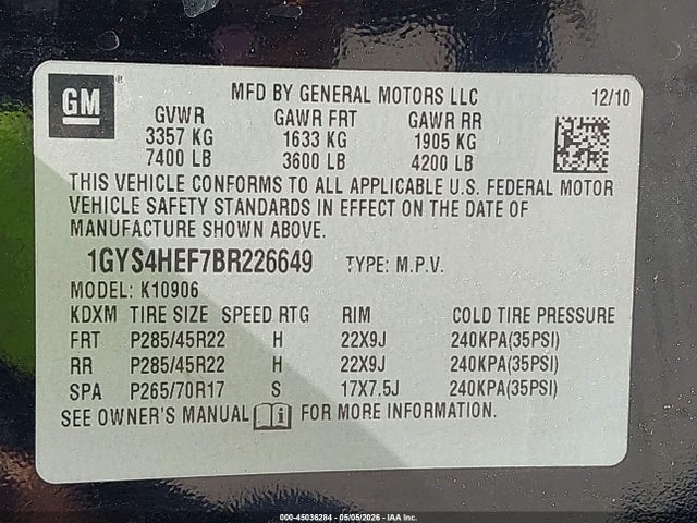 2011 Cadillac Escalade Esv Luxury მანქანა იყიდება აუქციონზე, vin: 1GYS4HEF7BR226649, აუქციონის ნომერი: 45036284
