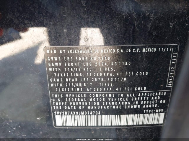 Aukcja sprzedaży 2018 Volkswagen Tiguan 2.0t Se/2.0t Sel, vin: 3VV2B7AX9JM074704, numer aukcji: 45036287