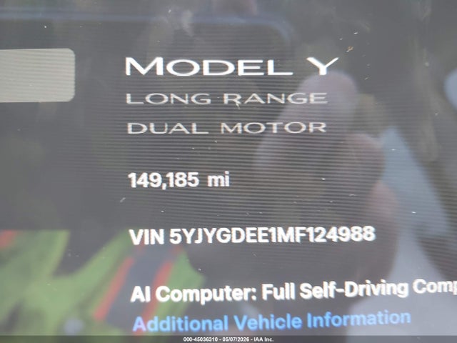 Aukcja sprzedaży 2021 Tesla Model Y Long Range Dual Motor All-wheel Drive, vin: 5YJYGDEE1MF124988, numer aukcji: 45036310