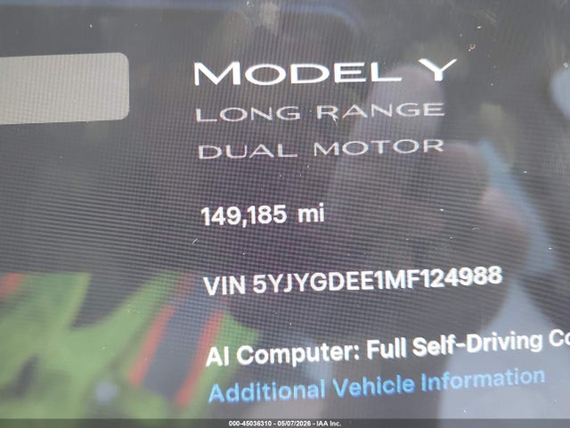 Aukcja sprzedaży 2021 Tesla Model Y Long Range Dual Motor All-wheel Drive, vin: 5YJYGDEE1MF124988, numer aukcji: 45036310