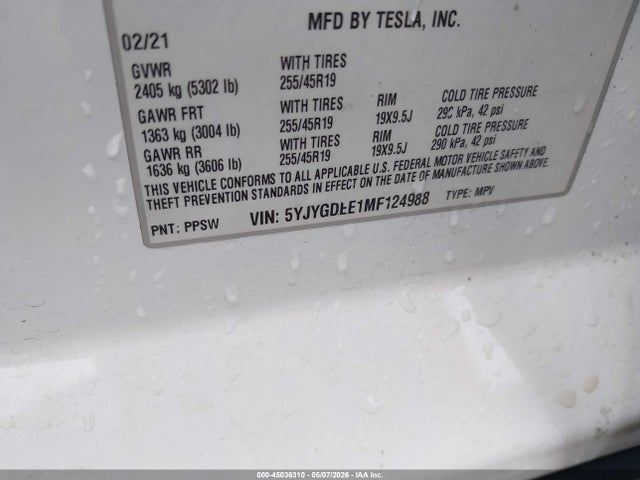 Aukcja sprzedaży 2021 Tesla Model Y Long Range Dual Motor All-wheel Drive, vin: 5YJYGDEE1MF124988, numer aukcji: 45036310
