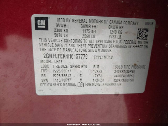 Продажа на аукционе авто 2017 Chevrolet Equinox Lt, vin: 2GNFLFEK4H6157779, номер лота: 45036318