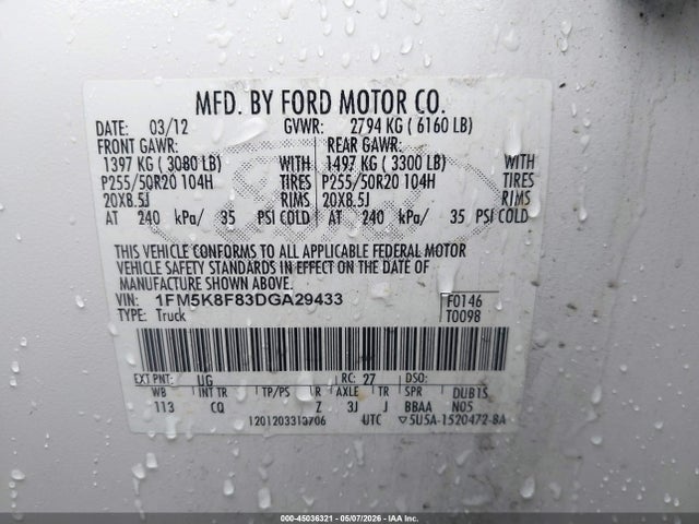 45036321 :رقم المزاد ، 1FM5K8F83DGA29433 vin ، 2013 Ford Explorer Limited مزاد بيع