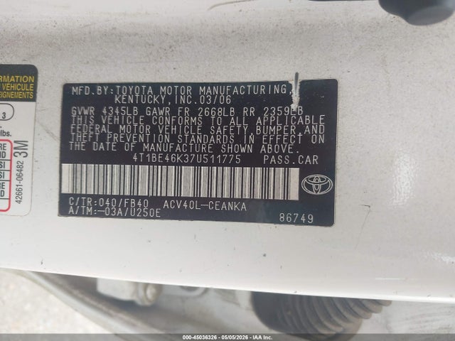 Aukcja sprzedaży 2007 Toyota Camry Ce, vin: 4T1BE46K37U511775, numer aukcji: 45036326