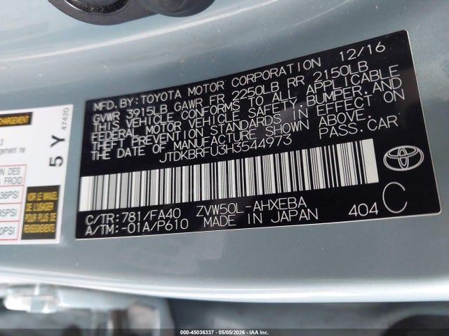 Продаж на аукціоні авто 2017 Toyota Prius Two, vin: JTDKBRFU3H3544973, номер лоту: 45036337
