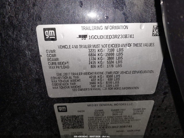 Aukcja sprzedaży 2024 Chevrolet Silverado 1500 4wd  Short Bed Rst, vin: 1GCUDEED3RZ308741, numer aukcji: 45036342