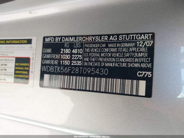 Aukcja sprzedaży 2008 Mercedes-benz Clk 350, vin: WDBTK56F28T095430, numer aukcji: 45036343