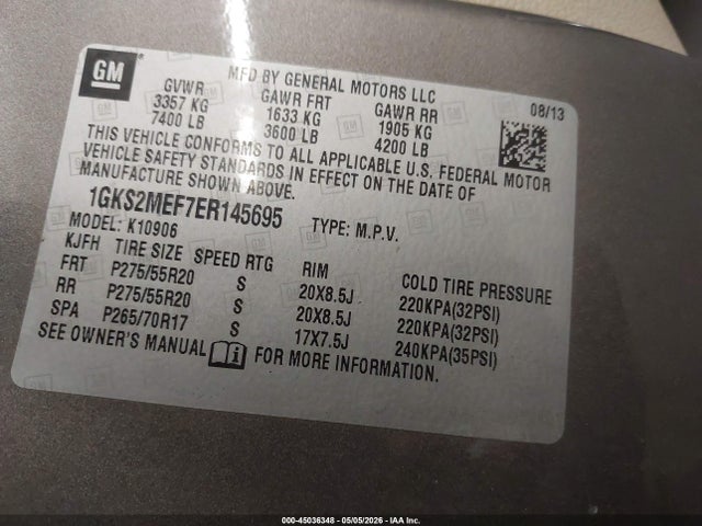 45036348 :رقم المزاد ، 1GKS2MEF7ER145695 vin ، 2014 Gmc Yukon Xl 1500 Denali مزاد بيع