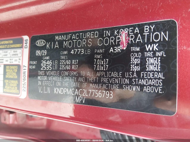 2020 Kia Sportage Lx მანქანა იყიდება აუქციონზე, vin: KNDPMCAC2L7756793, აუქციონის ნომერი: 45036351