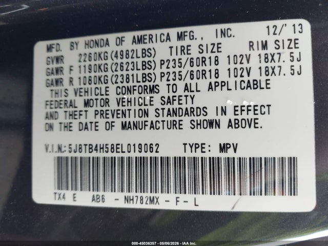 45036357 :رقم المزاد ، 5J8TB4H58EL019062 vin ، 2014 Acura Rdx مزاد بيع