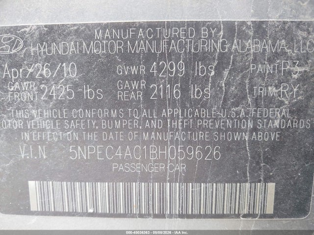 2011 Hyundai Sonata Limited მანქანა იყიდება აუქციონზე, vin: 5NPEC4AC1BH059626, აუქციონის ნომერი: 45036363