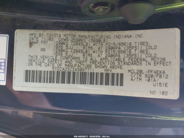 Aukcja sprzedaży 2004 Toyota Sienna Ce/le, vin: 5TDZA23C34S087711, numer aukcji: 45036373