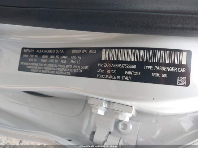 Продажа на аукционе авто 2018 Alfa Romeo Giulia Ti Lusso Awd, vin: ZARFAEEN6J7592558, номер лота: 45036377
