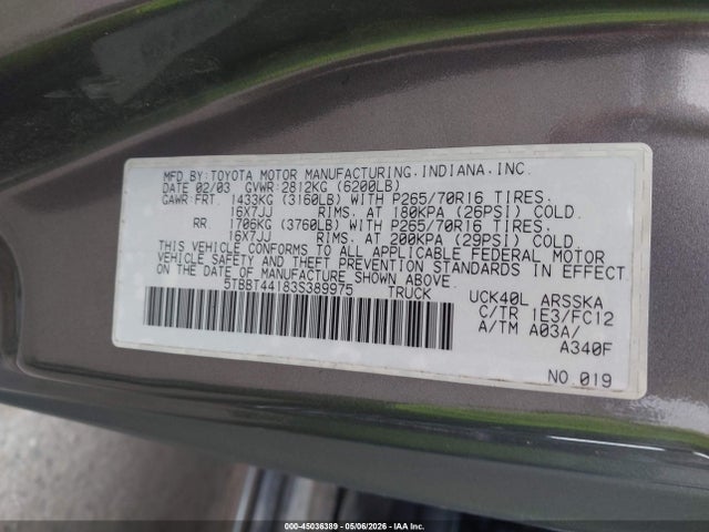 45036389 :رقم المزاد ، 5TBBT44183S389975 vin ، 2003 Toyota Tundra Sr5 V8 مزاد بيع