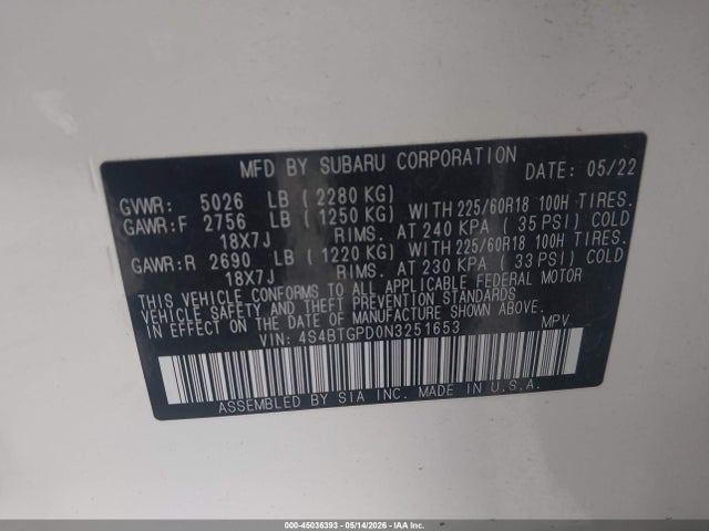 Продажа на аукционе авто 2022 Subaru Outback Touring Xt, vin: 4S4BTGPD0N3251653, номер лота: 45036393
