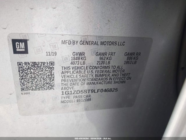 Продаж на аукціоні авто 2020 Chevrolet Malibu Fwd Lt, vin: 1G1ZD5ST9LF046825, номер лоту: 45036394