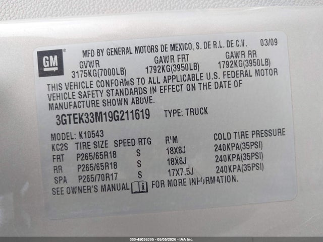 Aukcja sprzedaży 2009 Gmc Sierra 1500 Slt, vin: 3GTEK33M19G211619, numer aukcji: 45036395