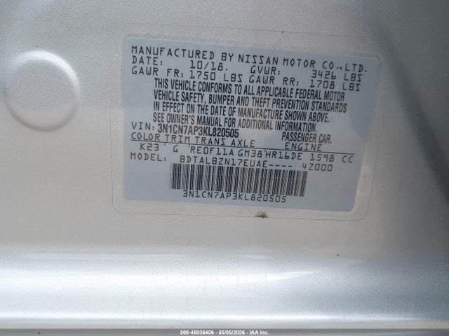 Aukcja sprzedaży 2019 Nissan Versa 1.6 Sv, vin: 3N1CN7AP3KL820505, numer aukcji: 45036406