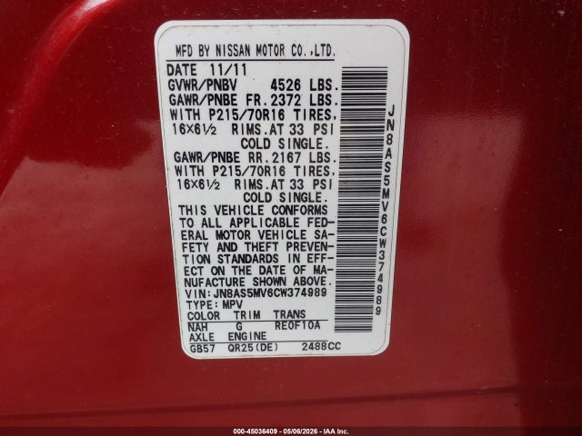 Aukcja sprzedaży 2012 Nissan Rogue S, vin: JN8AS5MV6CW374989, numer aukcji: 45036409