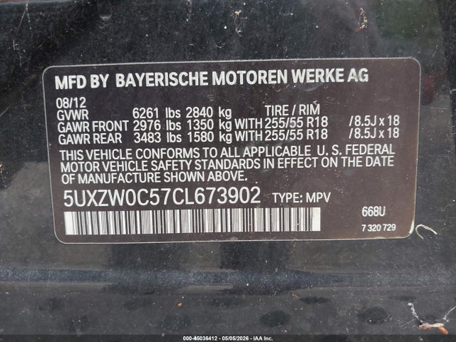 45036412 :رقم المزاد ، 5UXZW0C57CL673902 vin ، 2012 Bmw X5 Xdrive35d مزاد بيع