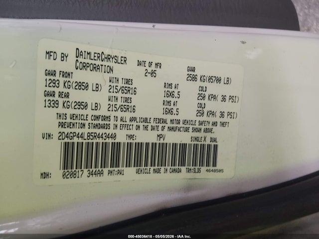 2005 Dodge Grand Caravan Sxt მანქანა იყიდება აუქციონზე, vin: 2D4GP44L85R443440, აუქციონის ნომერი: 45036418