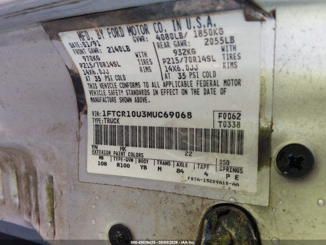 45036425 :رقم المزاد ، 1FTCR10U3MUC69068 vin ، 1991 Ford Ranger مزاد بيع