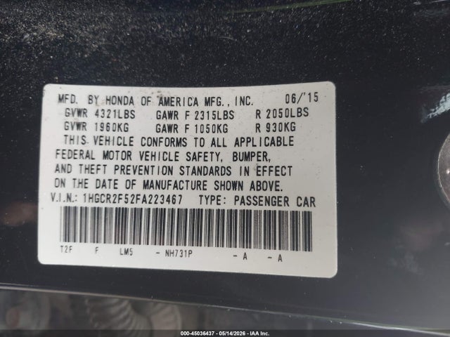 Aukcja sprzedaży 2015 Honda Accord Sport, vin: 1HGCR2F52FA223467, numer aukcji: 45036437