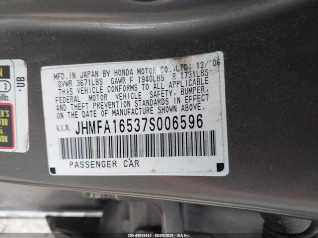 2007 Honda Civic Lx მანქანა იყიდება აუქციონზე, vin: JHMFA16537S006596, აუქციონის ნომერი: 45036443