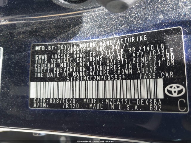 45036445 :رقم المزاد ، 5YFS4MCE2MP085964 vin ، 2021 Toyota Corolla Se مزاد بيع