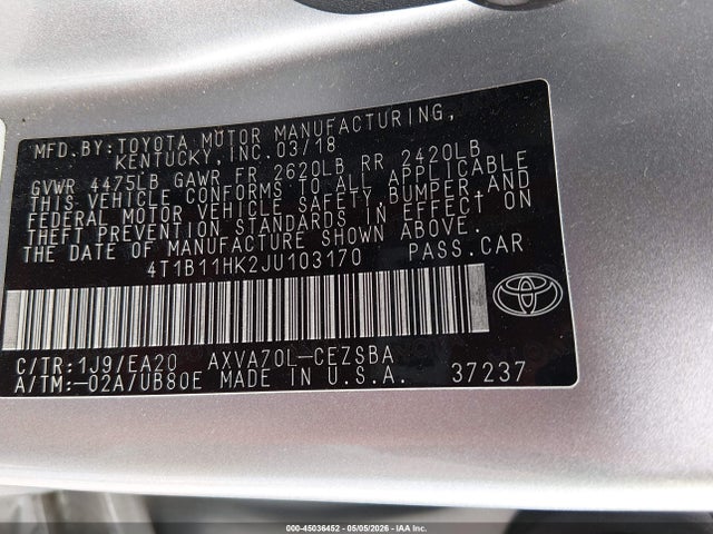 Продажа на аукционе авто 2018 Toyota Camry Se, vin: 4T1B11HK2JU103170, номер лота: 45036452