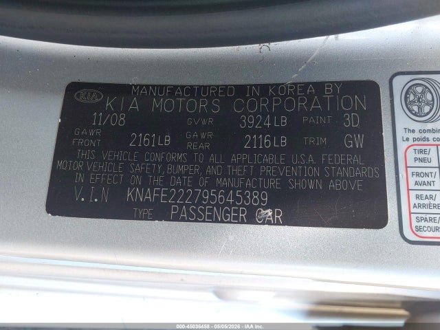 Aukcja sprzedaży 2009 Kia Spectra Ex, vin: KNAFE222795645389, numer aukcji: 45036458