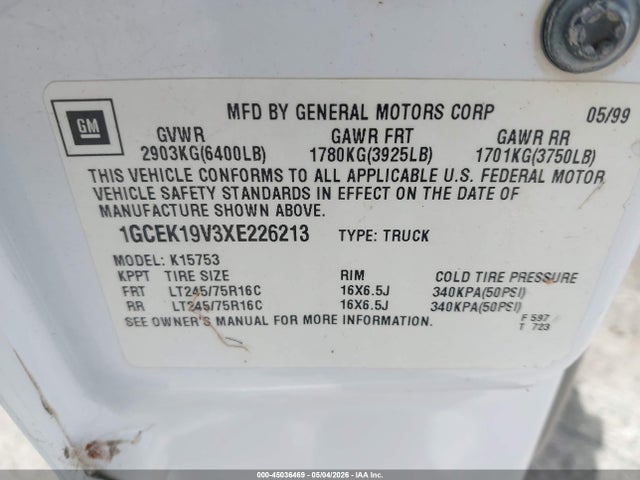 Auction sale of the 1999 Chevrolet Silverado 1500 Ls, vin: 1GCEK19V3XE226213, lot number: 45036469