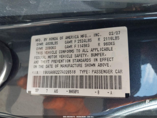 2007 Acura Tl 3.2 მანქანა იყიდება აუქციონზე, vin: 19UUA66227A026518, აუქციონის ნომერი: 45036475