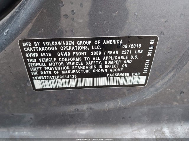 2017 Volkswagen Passat 1.8t Se მანქანა იყიდება აუქციონზე, vin: 1VWBT7A32HC014135, აუქციონის ნომერი: 45036477