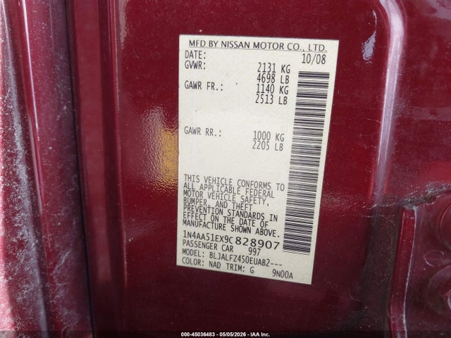 2009 Nissan Maxima 3.5 Sv მანქანა იყიდება აუქციონზე, vin: 1N4AA51EX9C828907, აუქციონის ნომერი: 45036483