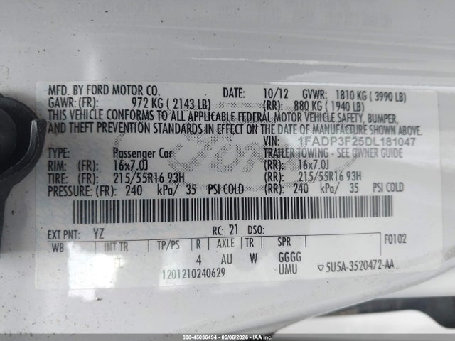 2013 Ford Focus Se მანქანა იყიდება აუქციონზე, vin: 1FADP3F25DL181047, აუქციონის ნომერი: 45036494