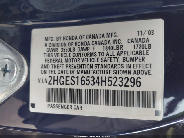 2004 Honda Civic Lx მანქანა იყიდება აუქციონზე, vin: 2HGES16534H523296, აუქციონის ნომერი: 45036495