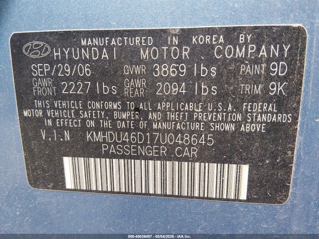 Aukcja sprzedaży 2007 Hyundai Elantra Gls/limited/se, vin: KMHDU46D17U048645, numer aukcji: 45036497