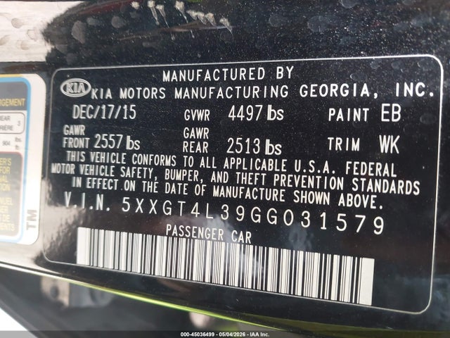 Aukcja sprzedaży 2016 Kia Optima Lx, vin: 5XXGT4L39GG031579, numer aukcji: 45036499