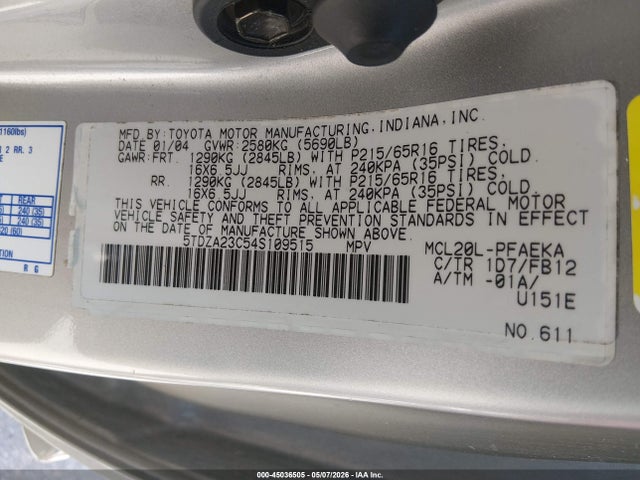 45036505 :رقم المزاد ، 5TDZA23C54S109515 vin ، 2004 Toyota Sienna Le مزاد بيع
