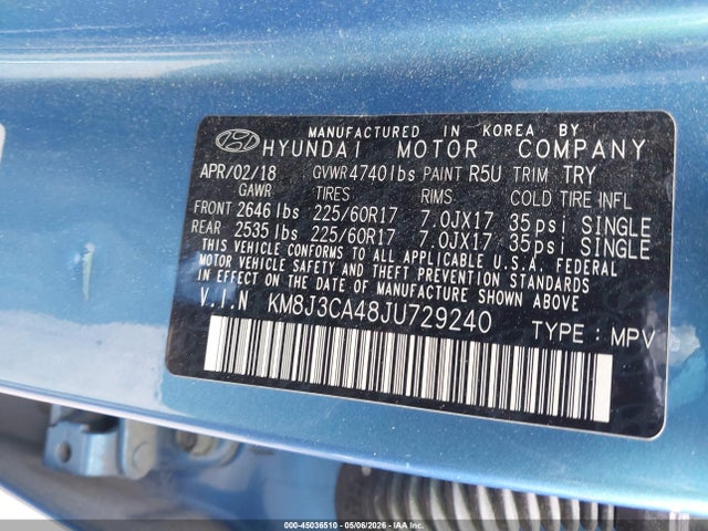 45036510 :رقم المزاد ، KM8J3CA48JU729240 vin ، 2018 Hyundai Tucson Sel مزاد بيع