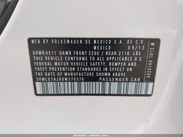 Продажа на аукционе авто 2013 Volkswagen Jetta 2.5l Sel, vin: 3VWLX7AJ9DM375376, номер лота: 45036511