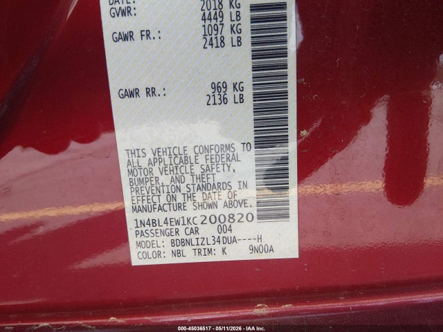 Aukcja sprzedaży 2019 Nissan Altima 2.5 Sl, vin: 1N4BL4EW1KC200820, numer aukcji: 45036517