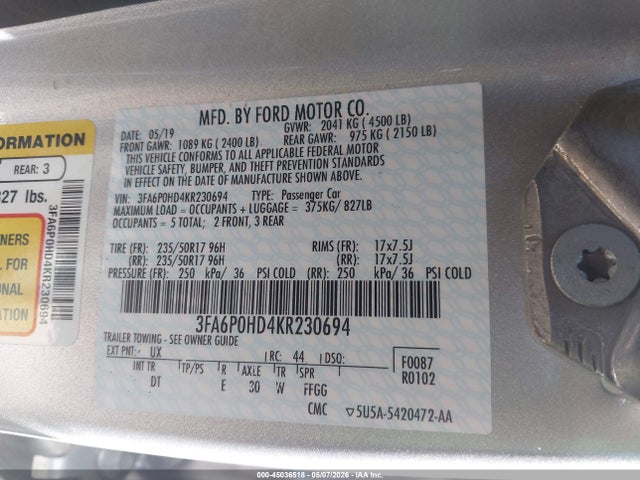 Aukcja sprzedaży 2019 Ford Fusion Se, vin: 3FA6P0HD4KR230694, numer aukcji: 45036518