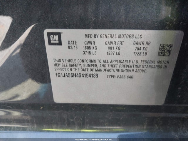 2016 Chevrolet Sonic Ls Auto მანქანა იყიდება აუქციონზე, vin: 1G1JA5SH4G4154188, აუქციონის ნომერი: 45036523