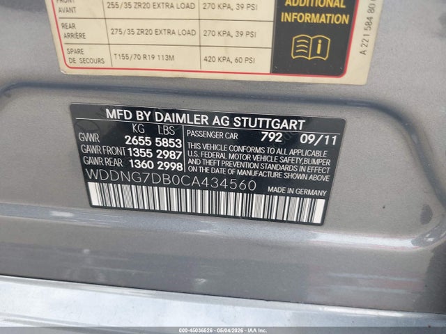 45036526 :رقم المزاد ، WDDNG7DB0CA434560 vin ، 2012 Mercedes-benz S 550 مزاد بيع
