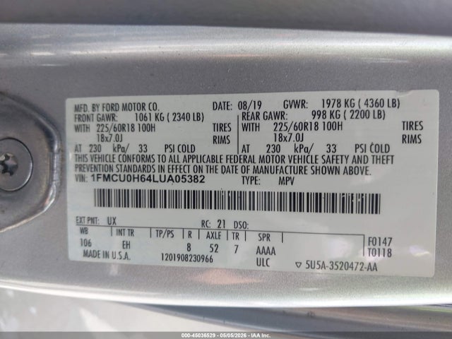 Aukcja sprzedaży 2020 Ford Escape Sel, vin: 1FMCU0H64LUA05382, numer aukcji: 45036529