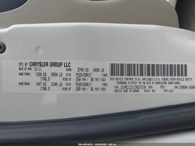 Продаж на аукціоні авто 2012 Chrysler Town & Country Touring-l, vin: 2C4RC1CG1CR227270, номер лоту: 45036532