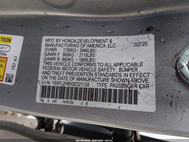 Продаж на аукціоні авто 2025 Honda Civic Sedan Sport, vin: 19XFL2H89SE021124, номер лоту: 45036536